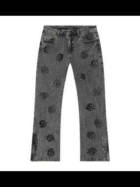 Gray Embroidered Straight-Leg Men's Jeans